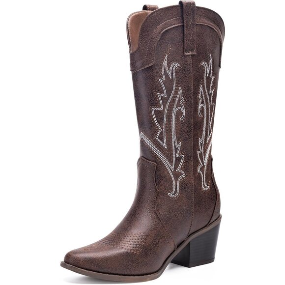 Shoes - Women's Vintage Dark Brown Embroidered Mid Calf Chunky Western Heel Boots